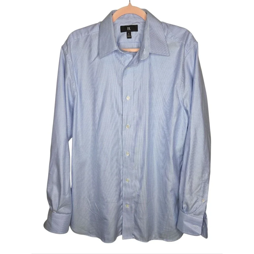 Banana Republic Men's True Slim Fit Dress Shirt, Blue Gingham Cotton, Large